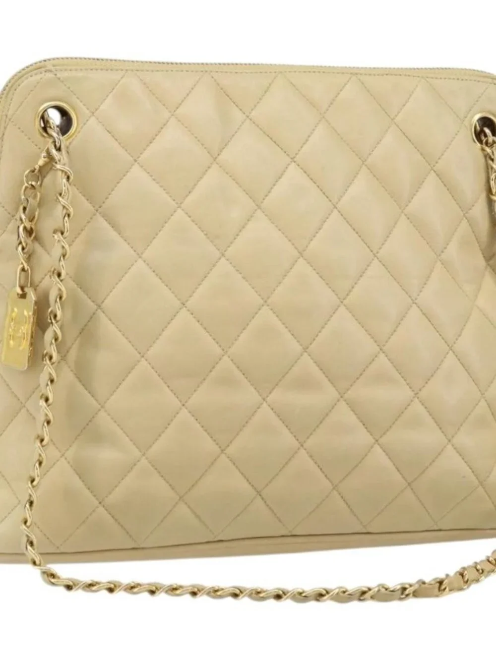CHANEL Matelasse Chain Shoulder Tote Bag Lamb Skin Beige Gold CC Auth ARZ444